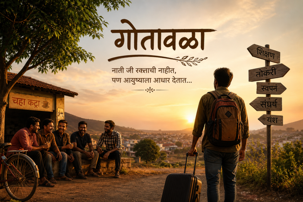 गावातील चहा कट्ट्यावर बसलेले मित्र आणि स्थलांतरासाठी निघालेला युवक – ‘गोतावळा’ या नात्यांच्या भावनेचं प्रतीक