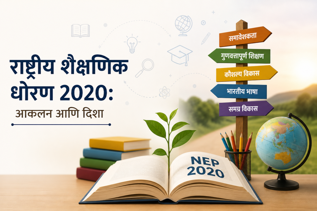 “राष्ट्रीय शैक्षणिक धोरण 2020 आकलन आणि दिशा – शिक्षणातील बदल दर्शवणारी माहितीपूर्ण इमेज”