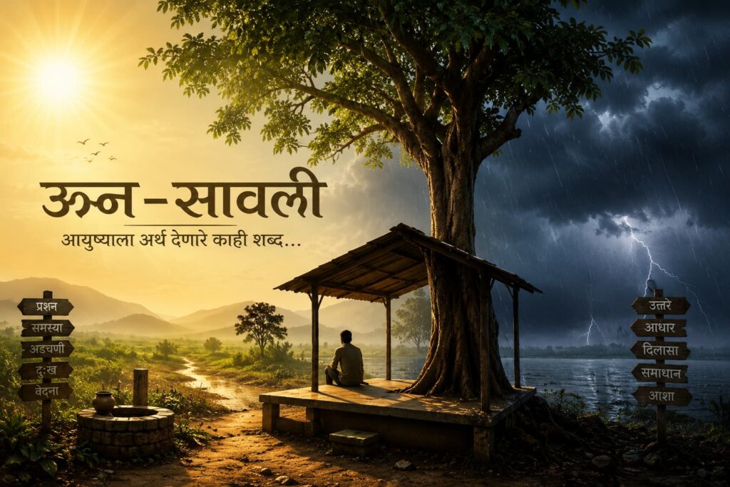 ऊन-सावली या चिंतनशील ब्लॉगसाठी तयार केलेले AI-निर्मित चित्र; उन्ह, वादळ, झाडाची सावली, छप्पर आणि जीवनातील आधार, संघर्ष व समाधान यांचे प्रतीकात्मक चित्रण.
